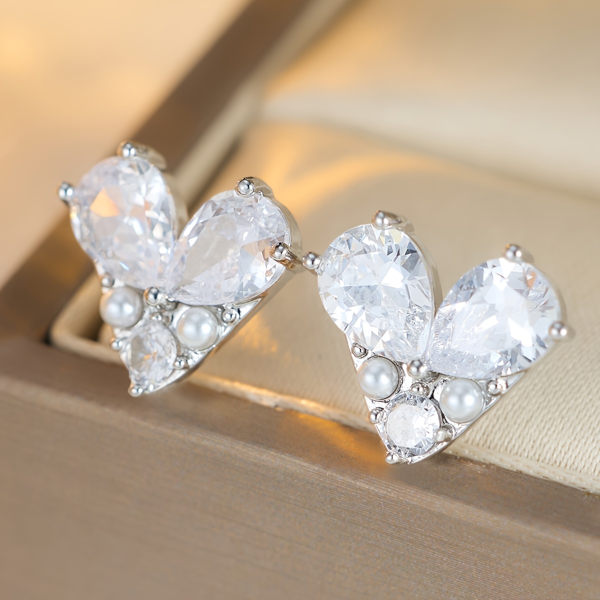 Classic Flower Heart Stud Earrings with Synthetic Zirconia